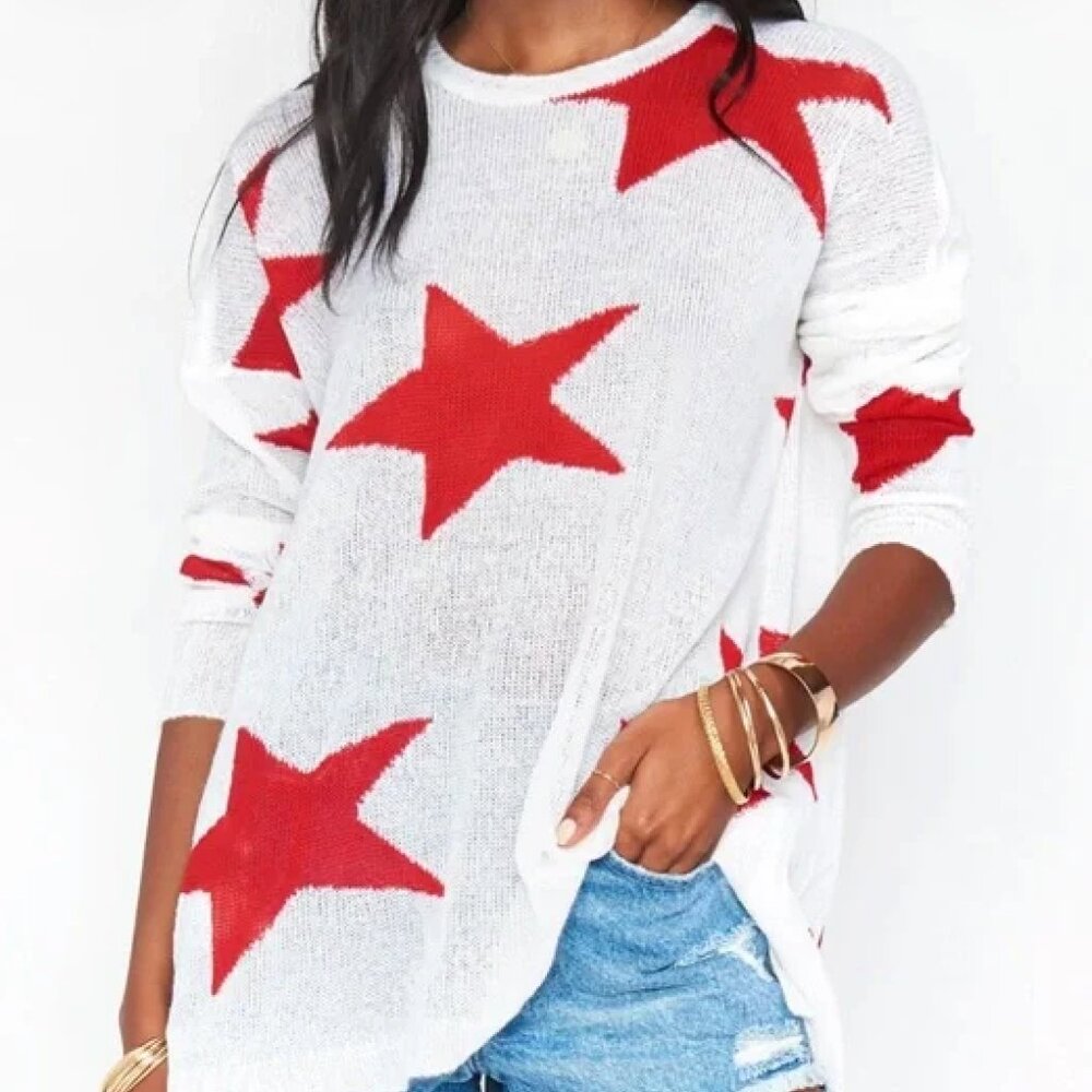 Show me Your Mumu Lightweight Star Print Sweater – White & Red – XS